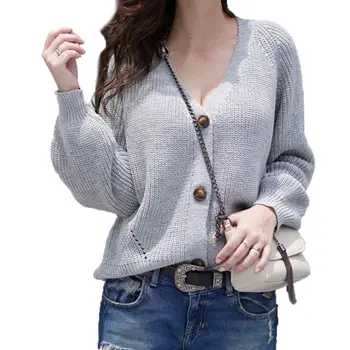 

2019 Autumn Women Ladies V Neck Cardigan Loose Sweater Short Coat Knitted Sweater Solid Color Oversized Button Knitwear