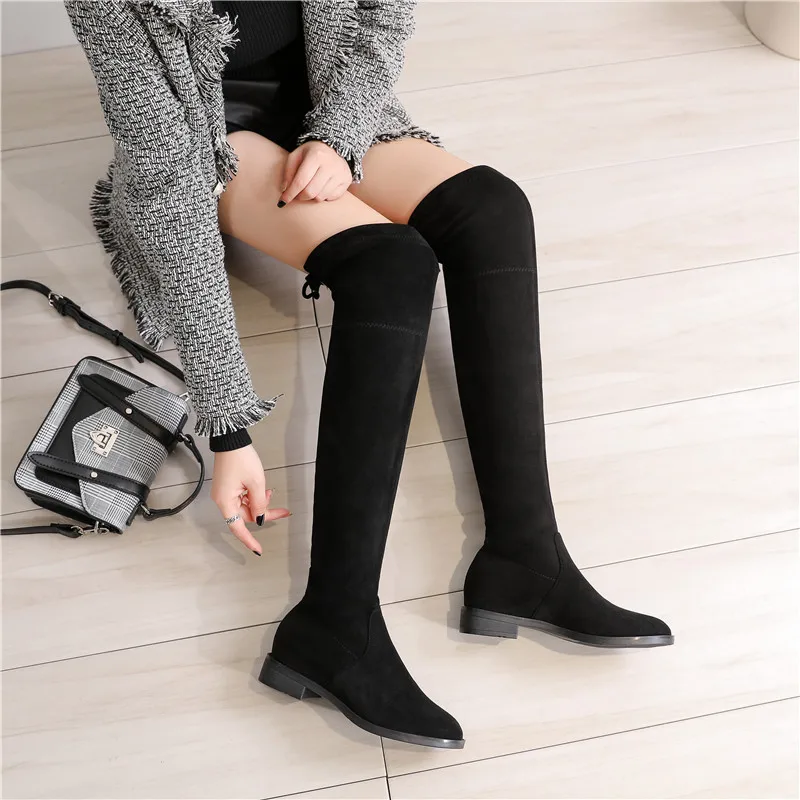 Stovepipe/Сапоги женские эластичные сапоги выше колена; botas; зимние Бархатные на плоской подошве золотого цвета; Ботинки Челси с круглым носком; женские узкие сапоги с перекрестной шнуровкой