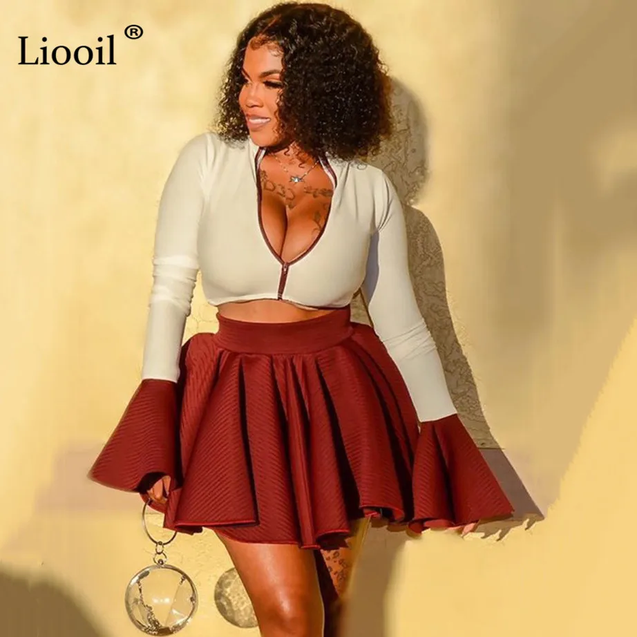 Liooil размера плюс, комплект из двух частей, сексуальное Плиссированное мини-платье для женщин, расклешенное, с длинным рукавом, на молнии, с высокой талией, вечерние, Клубная одежда, короткое платье