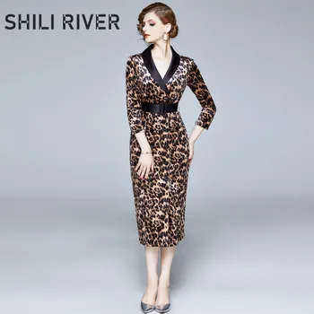 

New autumn winter midi dress for women slim casual vintage V neck velvet elegant print leopard pencil dress with belt