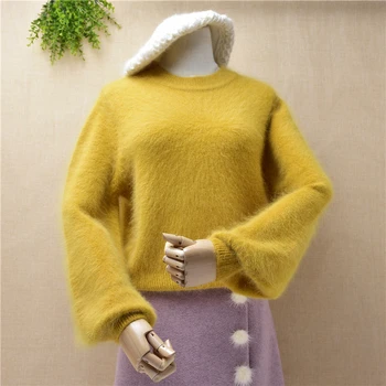 

Women spring Casual base clothes O-neck yellow slim Angora rabbit fur knitted sweater Femme short pullover top quality mink fur