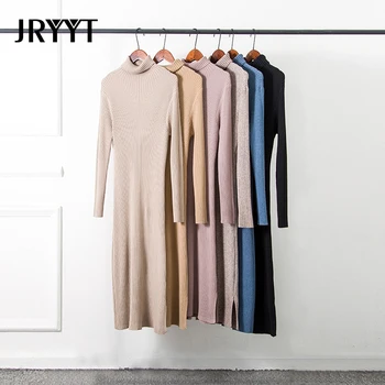 

JRYYT Turtleneck Knitted Sweater Dress Women Long Sleeve Thick Slim Fit Dresses Women Casual Solid Knitwear Female Winter 2020