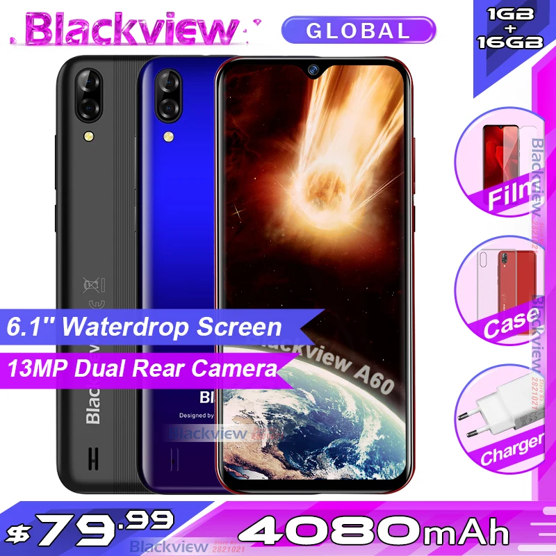 Blackview A60 2 ГБ + 16 Гб Смартфон 4080 мАч батарея 6 1 ''двойной Камера мобильный телефон