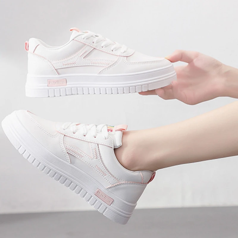 Zapatos de plataforma blanca para mujer, zapatillas informales para correr, bonitas chicas, con cordones, suela gruesa, color rosa, cómodas|Zapatos vulcanizados de mujer| - AliExpress