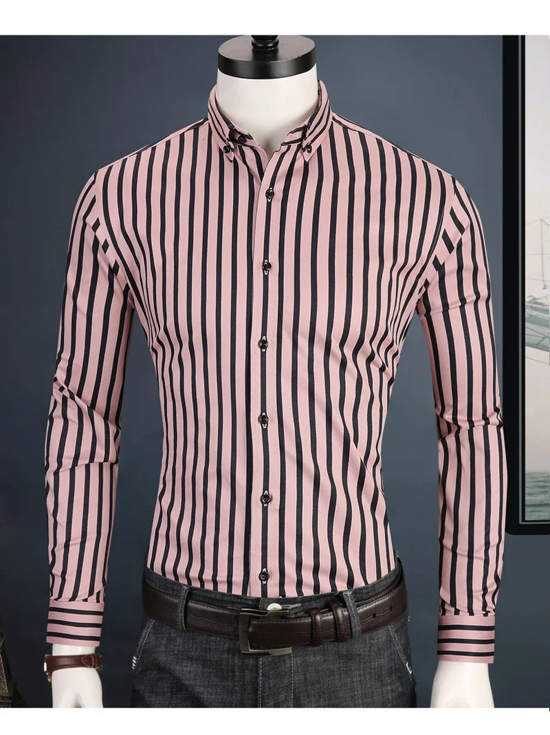 Camisa de manga larga a rayas para hombre, camisas informales ajustadas, cómodas, con botones blandos, de algodón, de diseñador de calidad