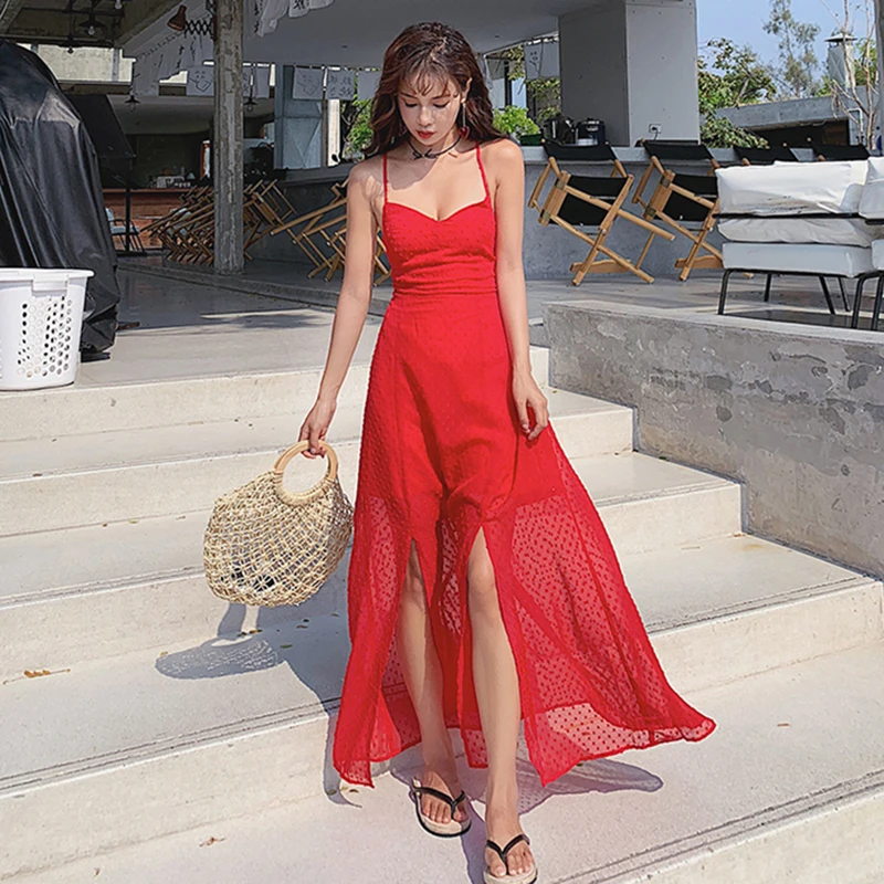 Women Maxi Red Backless Straps Dress Elegant Summer Casual Vacation Tropical Long Beach Dress Vintage Korean Runway 2020 Vestido