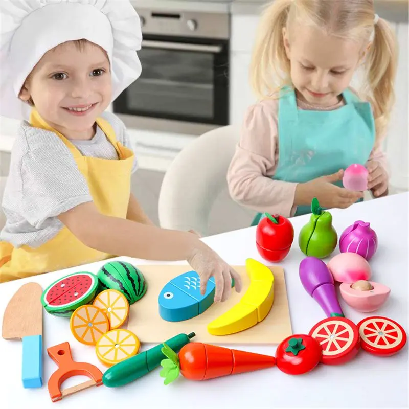 Wooden Classic Game Simulation Kitchen Series Toys Big Box Cutting Fruit Vegetable Set Toys Montessori Early Education Gifts