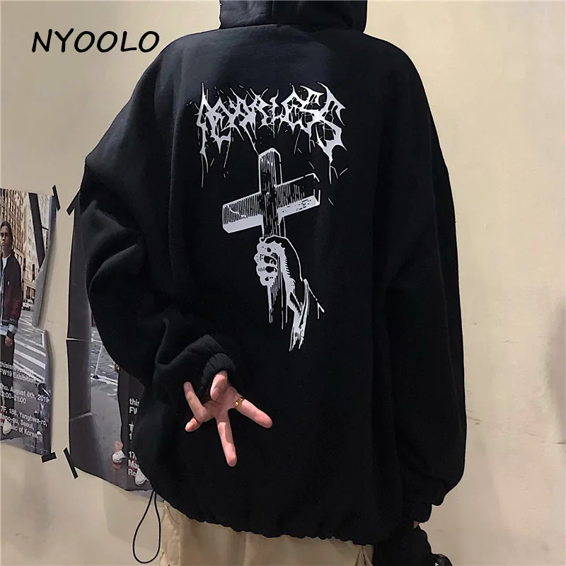 NYOOLO Harajuku street cross letters print thick warm hoodies Autumn winter long sleeve hooded pullovers Sweatshirt women men