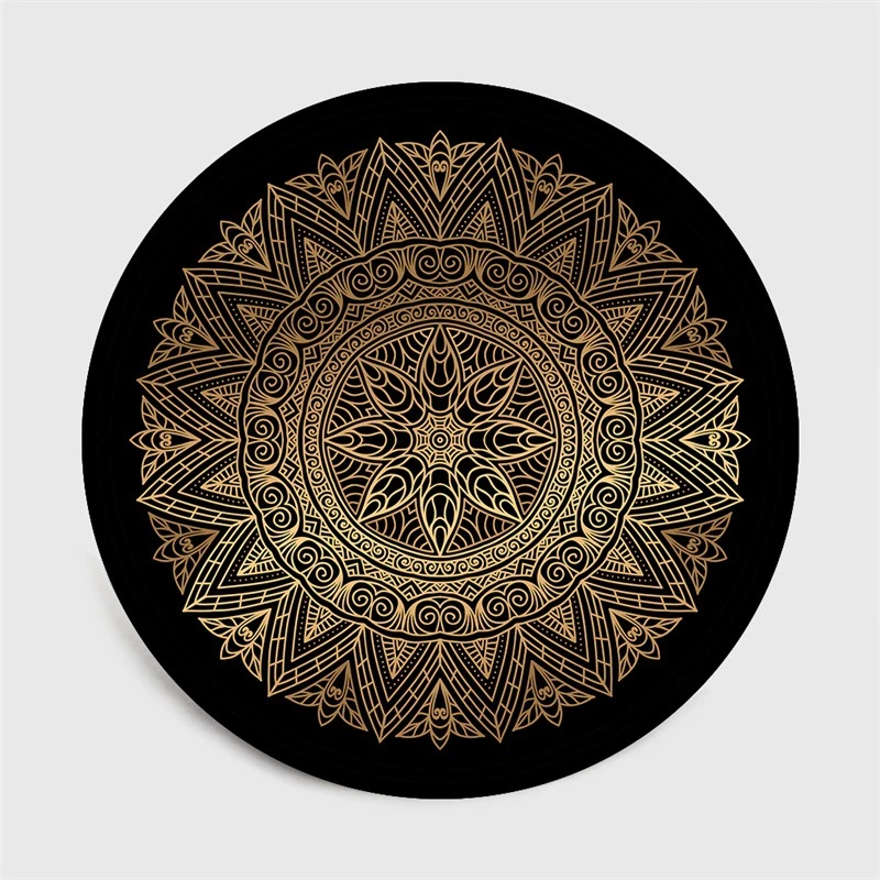 Retro Black And Gold Flowers Round Carpet Lotus Chair Floor Mat Soft Carpets For Living Room Anti-slip Rug Bedroom Decor Carpet 4