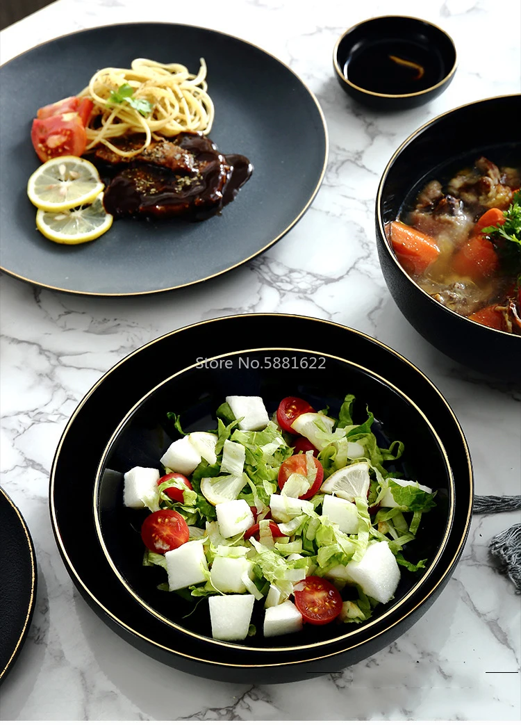 1pc Black Gold Rim Ceramic Dinner Dish Plate Rice Salad Noodles Bowl Soup Plates Matte Dinnerware Sets Tableware Kitchen Tool