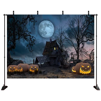 

Halloween Backdrop mysterious full moon background Horror hut trees Pumpkin Photography Photo Background Studio Prop