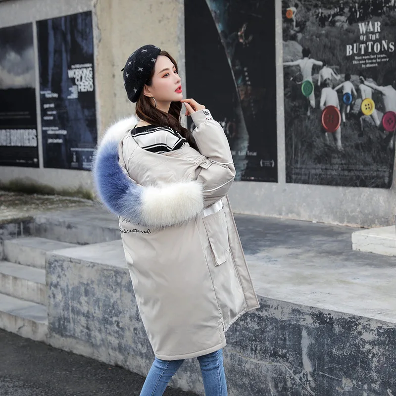 

2019 Autumn And Winter New Style down Jacket Women's Fashion Loose Large Fur Collar Long Cotton Overcoat