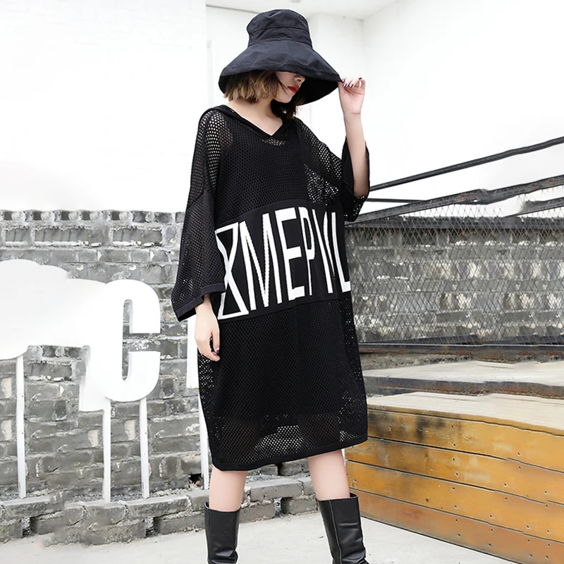 CHICEVER Summer Letter Print Women Dress O Neck Half Sleeve Hooded Oversized Hollow Out Knee Length Dresses Female New