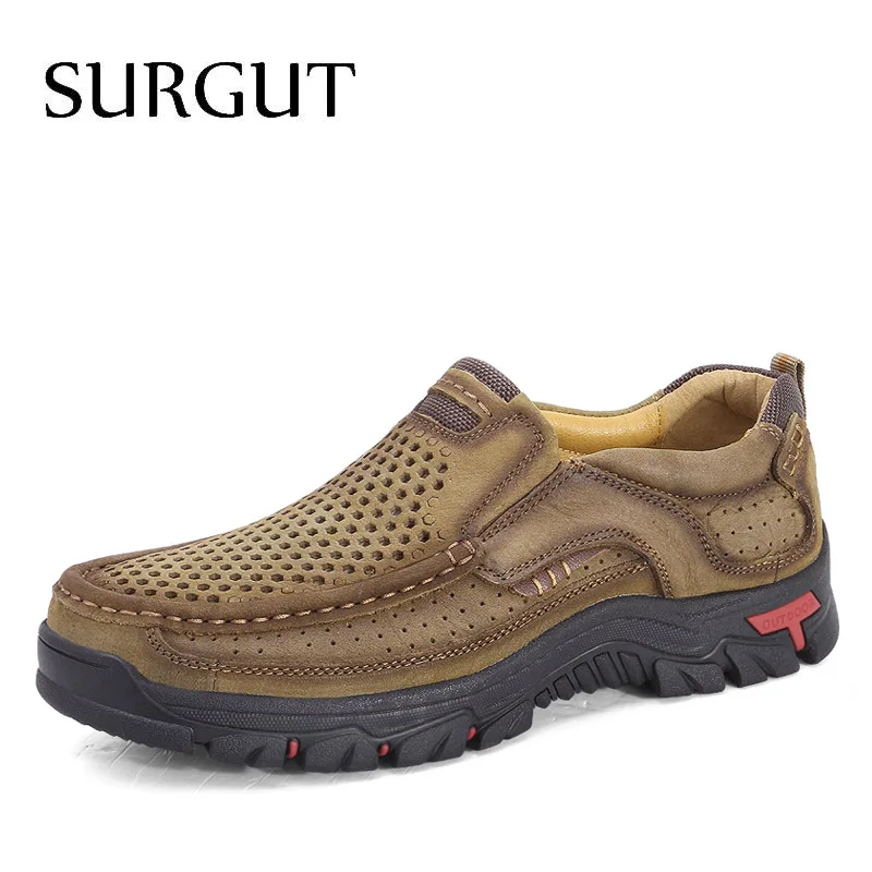 Hole Khaki SURGUT, мужские туфли из натуральной кожи, высокое качество, без шнуровки, фирменные, модные, дизайнерские, одноцветные, удобные, мужские, повседневные туфли, большие размеры 38-48 - Цвет: Hole Khaki
