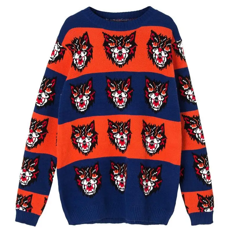 High Quality Women Spring Brand Fashion Orange Blue Striped Tiger Embroidery Knit Pullover O-neck Sweater Clothes 2020 New | Женская