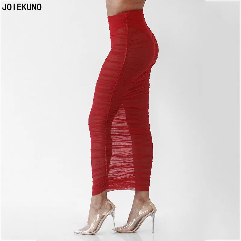 JOIEKNUO Твердые Уличная модная длинная юбка женские юбки mujer moda пикантные Modis сетки плиссированные Для женщин вечерние юбка FD8343