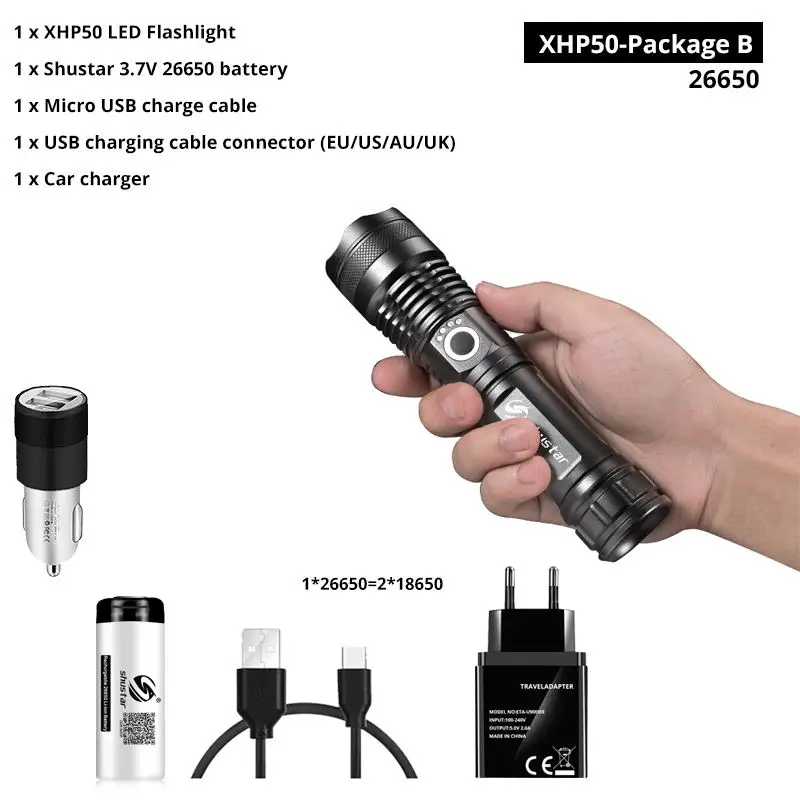XHP50-26650-B Мощный светодиодный фонарик с XHP 70,2, лампа с бусинами, масштабируемый, 3 режима освещения, светодиодный фонарь, поддержка для Mircro зарядки, Охотничья лампа - Испускаемый цвет: XHP50-26650-B
