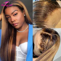 180% Straight Ombre Highlight Brazilian Lace Frontal Wig Transparent Lace Front Human Hair Wigs Honey Blond Remy Hair For Women