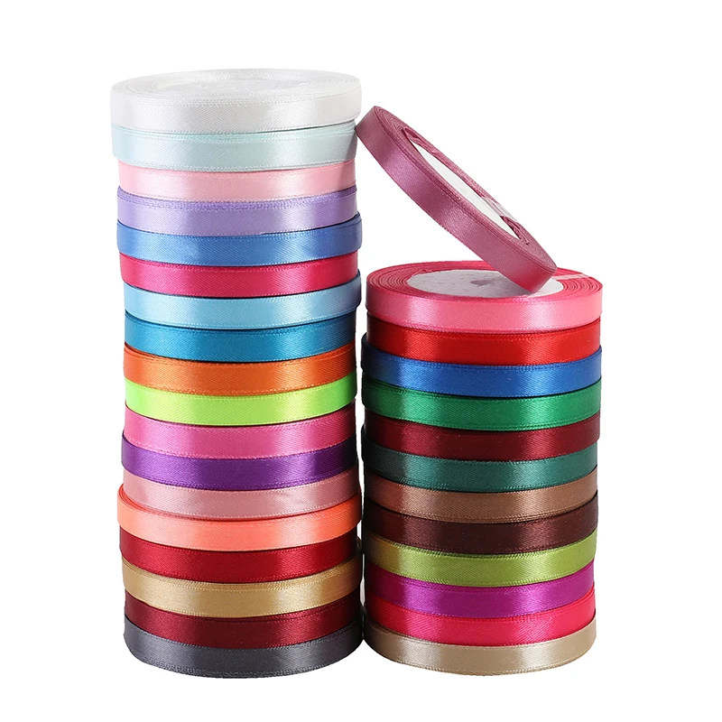 Cintas de satén de Color sólido, decorativo caja de regalo de boda, cinta para envolver manualidades DIY, blanco, rosa, azul, rojo y amarillo, 22 metros (25 yardas) 6mm