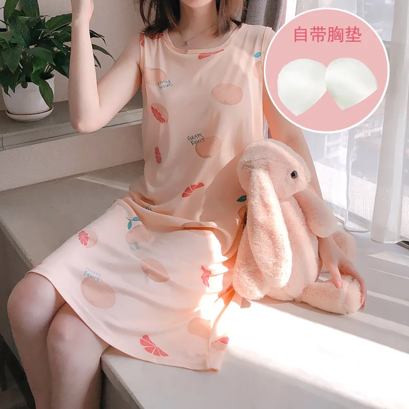

2020 Summer New Style Nightgown Women's Sleeveless Qmilch Thin Cartoon Multi--Cute Vest Dress with Chest Pad