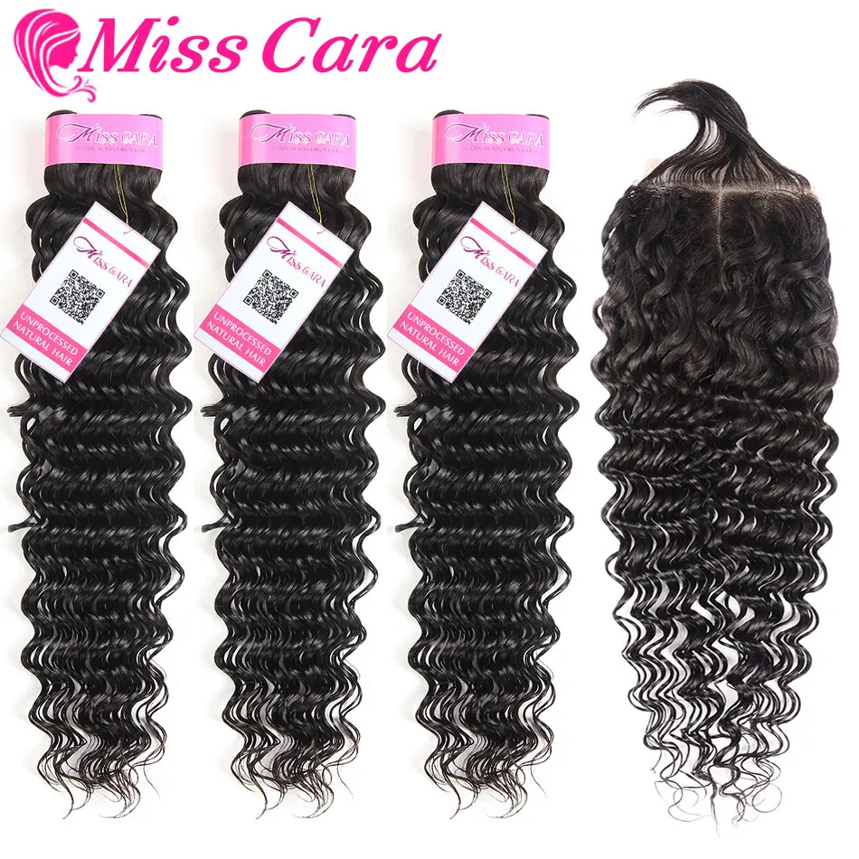 

Peruvian Deep Wave 3/4 Bundles With Closure 100% Human Hair Bundles With Free/Middle Part Closure Miss Cara Remy Hair Weaves
