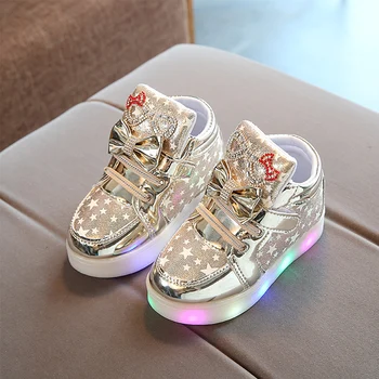 

Girls Wear Resistant Autumn Fabala Anti-slip LED Light Bowknot Star Pattern Sport Shoes Casual Breathable Kids Baby