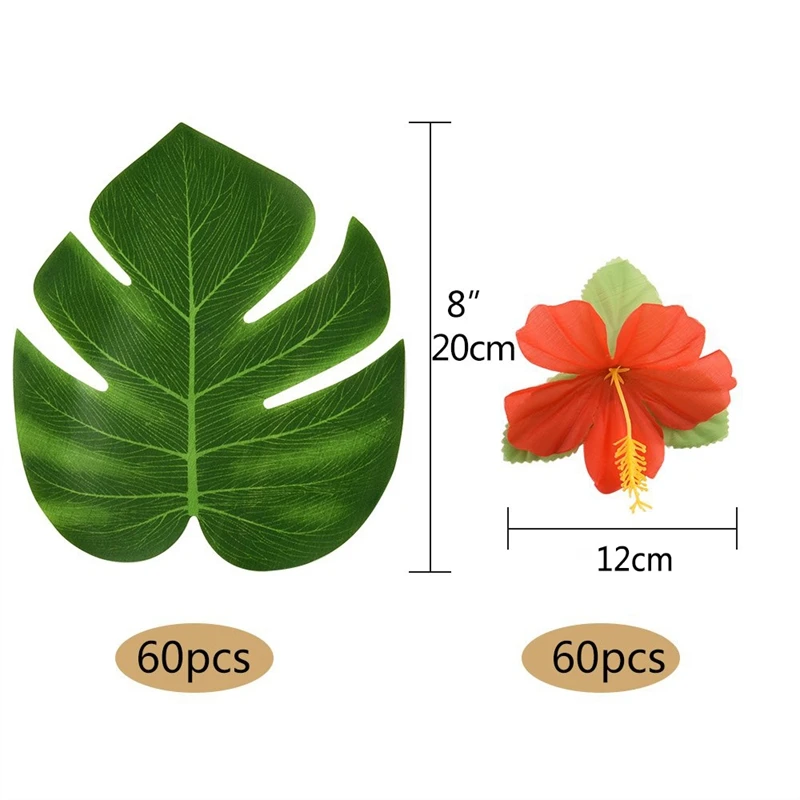 Новый набор из 120 Гавайских стильных предметов для украшения лета с пальмовыми листьями и искусственными цветами гибискуса-тропические