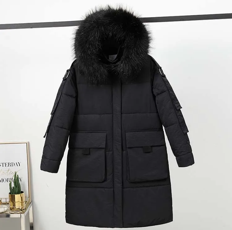Большие зимние пальто с меховым воротником BF стильные женские тонкие толстые теплые пуховики хлопковая парка куртка средней длины с капюшоном и большим карманом верхняя одежда
