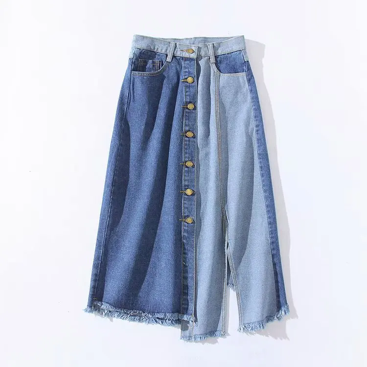 

2019 Spring Clothing Non-mainstream Contrast Color Joint Sense of Design High-waisted Single Breasted A- line Skirt Denim Skirt
