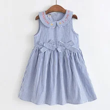 Платья для девочек детская одежда с буквенным принтом с бантом, для куклы воротник с вертикальными полосами, обхват талии морским принтом, платье без рукавов для девочек