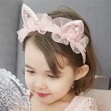 Стиль, корейский стиль, детский обруч для волос с заячьими ушками, Южная Корея, Милая Кружевная повязка на голову с кошачьими ушками для маленьких девочек, повязка на голову для девочек