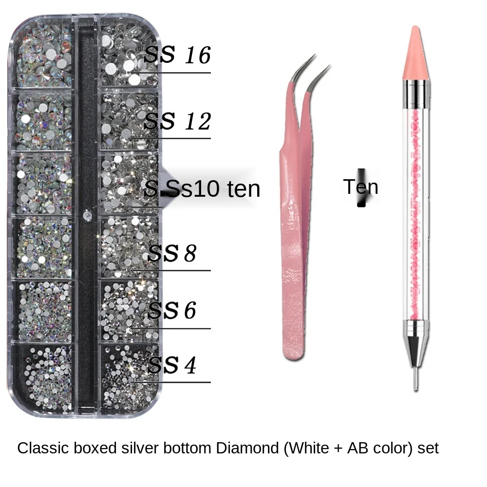 1Box Multi Size Glass Nail Rhinestones Mixed Colors Flat-back AB Crystal With tools 3D Charm Gems  Manicure Nail Art Decorations