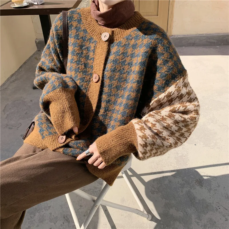

2020 New Korean Version of Wild Loose Houndstooth Cardigan Sweater Coat