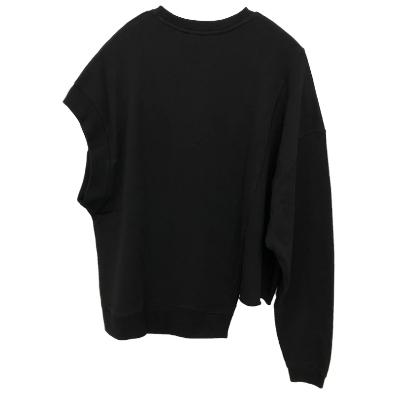 New Asymmetric One Sleeve Off O Neck Couple Loose Long Sleeve Black Sweatshirt
