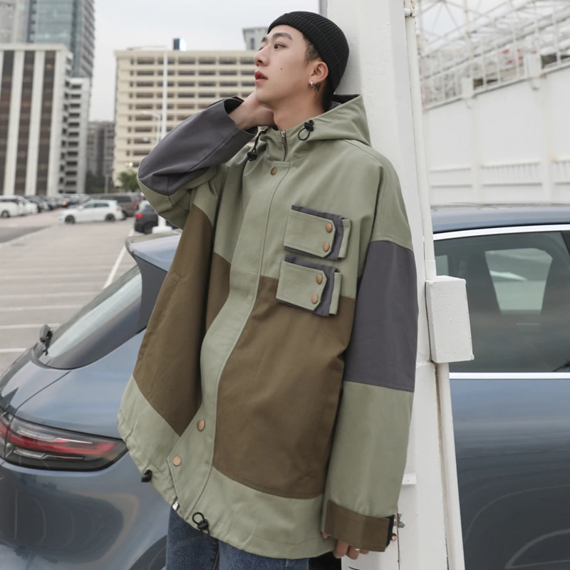 

2019 Autumn And Winter Men's New Casual Stitching Contrast Color Zipper Hooded Jacket Loose Temperament Trend Cotton