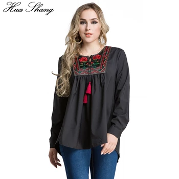 

Elegant Embroidery Blouse Shirt Women Spring Autumn O Neck Long Sleeve Casual Blouse Loose Large Size 6XL Black Women Clothing