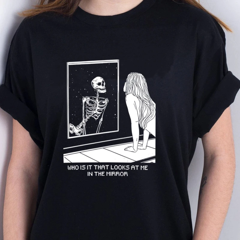 Skeleton In The Mirror Art Drawing T Shirt Women Grunge Aesthetic Gothic Graphic Tee Female Edgy Fashion Tshirt Hipster Cute Top T Shirts Aliexpress