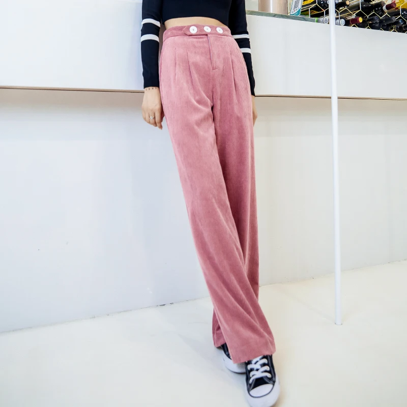 Розовые женские вельветовые брюки с высокой талией, осень и зима, свободные прямые брюки Харадзюку, женские спортивные штаны большого размера