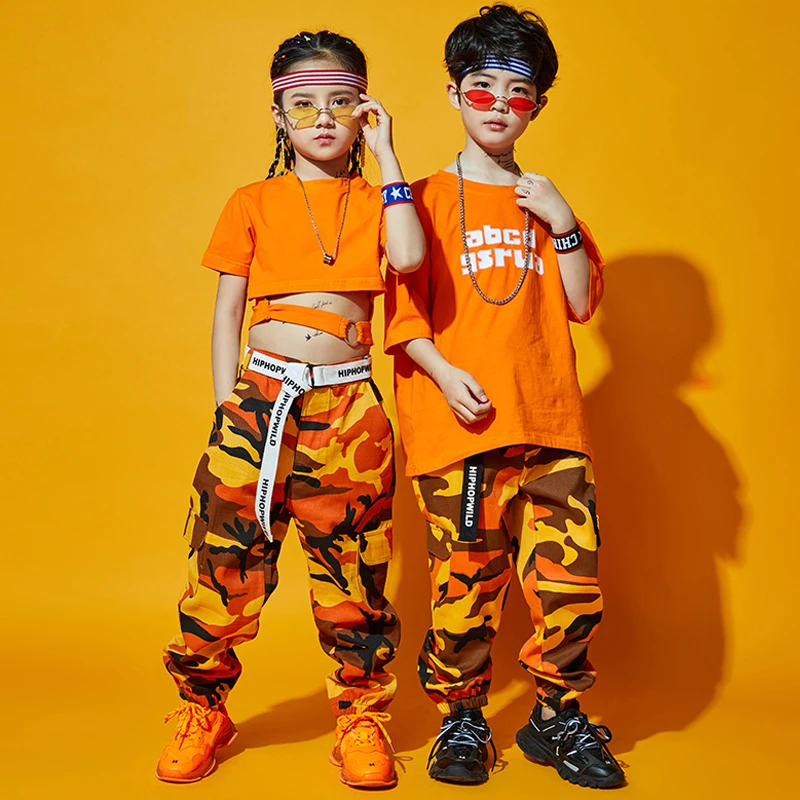 Orange/Grey/Purple Camouflage Hip Hop Pants For Kids Jazz Dance Costume Short Sleeve Tops Girls Boys Stage Show Clothing BL5953