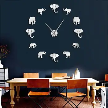 

Large Wall Clock Jungle Animals Elephant DIY Home Decor Modern Design Mirror Effect Giant Frameless Elephants DIY Clock Watch