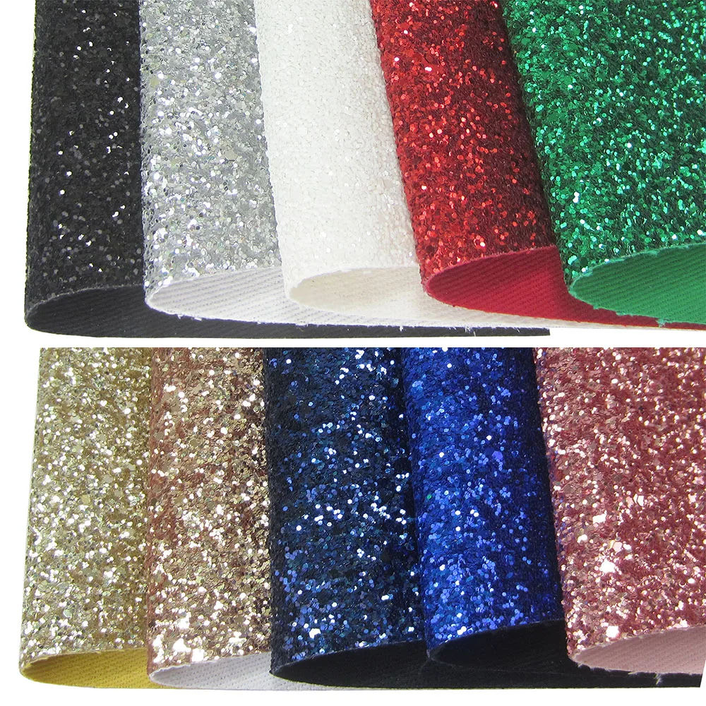 Plain Solid Red White Black Chunky Glitter Fabric With Twill Backing Faux Synthetic Leather For Bow Sewing Craft DIY F0028