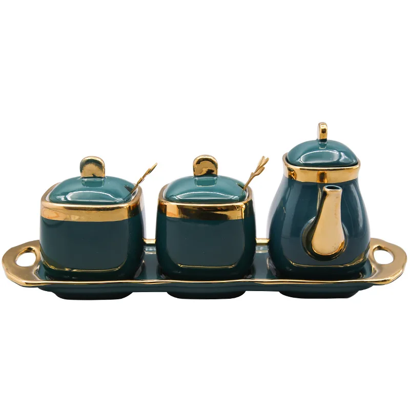 European ceramic seasoning pot set creative home kitchen three-piece vinegar pot oil seasoning cassette tray set