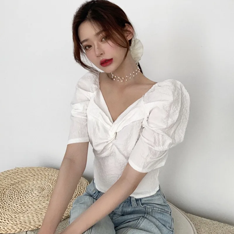 Women's Solid Color Elegant Blouses Short Sleeve Ladies Summer V Neck Shirt Korean Style Tops 2020 2