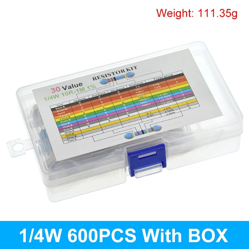 Metal Film Resistors 600PCS/LOT 1/4W Metal Film Resistor Kit 1% Assorted 10-1M Ohm 30 Values each 20 pcs metal film resistor metal film resistors