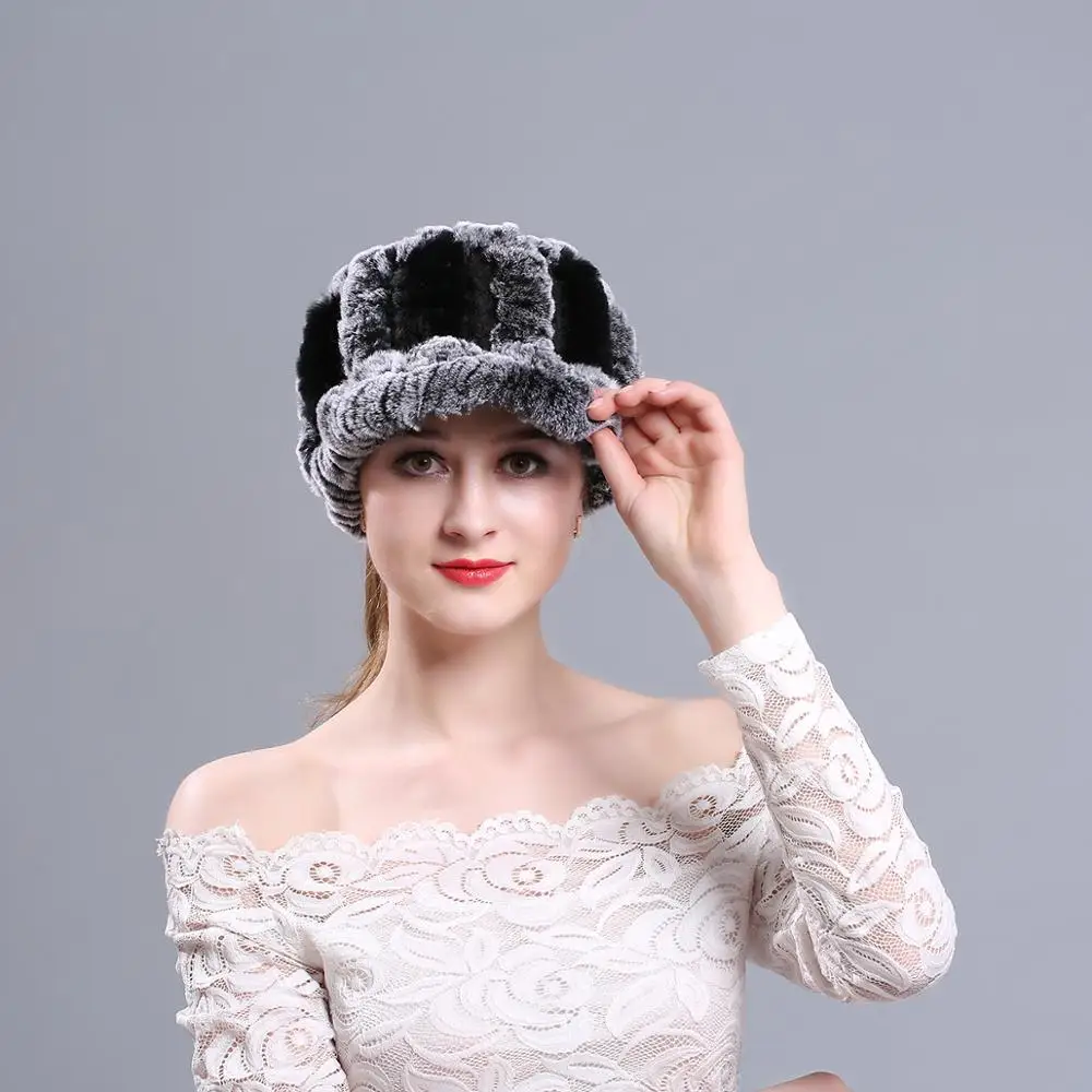 Winter Fashion Knit Real Fur Hats Women Warm Skullies Beanie ski snow - Цвет: Gray Black