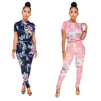 

Women 2 Piece Set Tracksuit Outfits Hooded Hoodies Short Sleeve Crop Top Floral Striped Pants Set Casual Jumpsuit Rompers