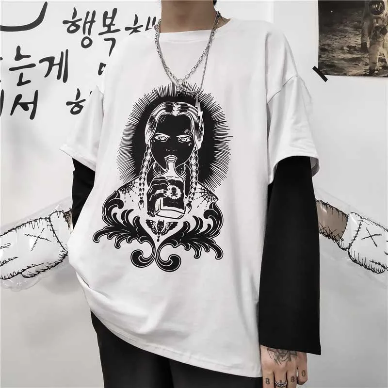 NiceMix Harajuku футболка женская поддельная 2 шт. принт японский Fujiang Horror Comics рубашка с длинными рукавами женская Vetement Femme