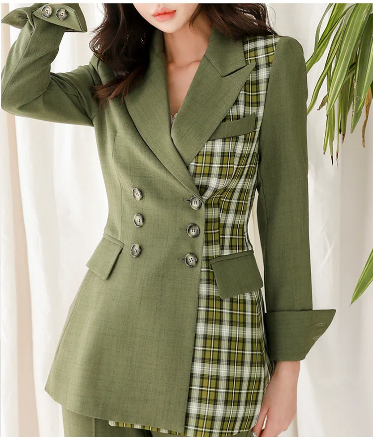 

2020 Autumn Slim Suit Wide Leg Pants Straight Slim Fit Pants Office Ladies 2 Piece Pant Suits Patchwork Plaid Green Blazer