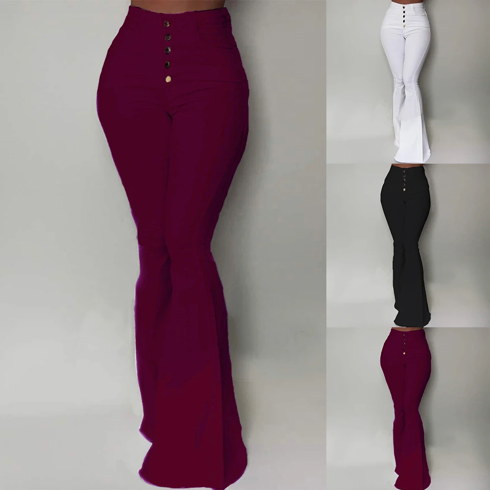 SFIT Bell-Bottom Pants Women Button High Waist Flare Pants New Trousers Slim Casual Solid Work Wear Pantalon Femme