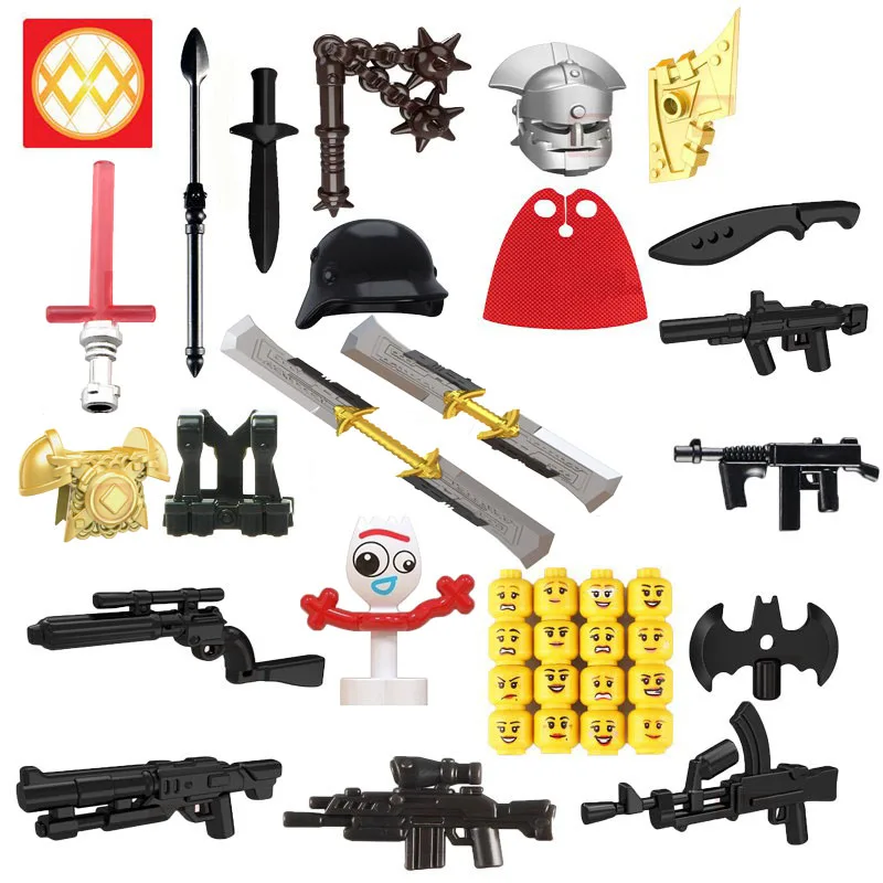 

Accessories for small figures sword knif minigun weapon face Emoji cape Bulletproof vest building blocks part series kid toys